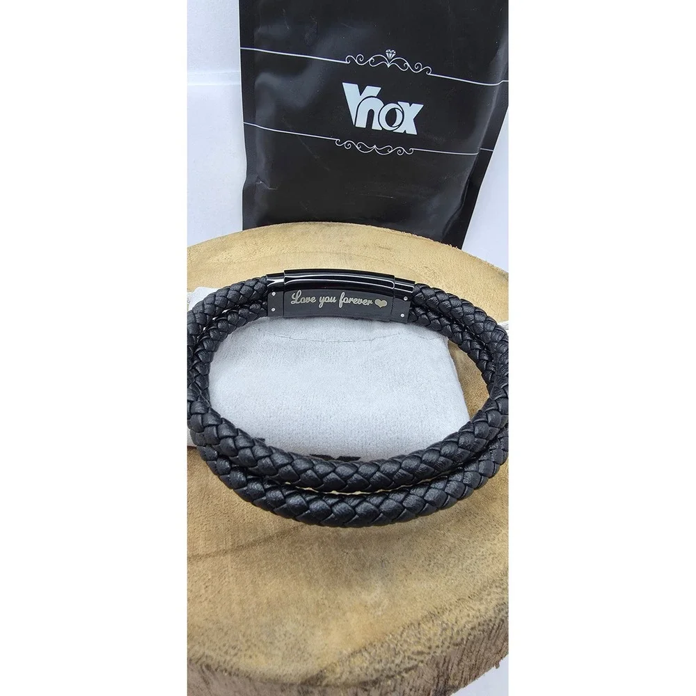 Vnox Mens Black Braided Leather Bracelet American Flag Cross Love You Forever